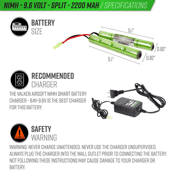 Valken NiMH 9.6V 2200mAh Split Airsoft Battery (Small Tamiya)